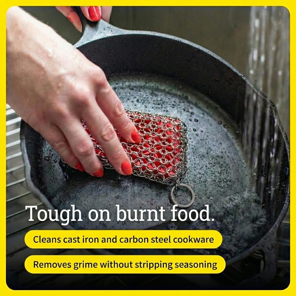 Lodge Chainmail Scrubber for Cast Iron Pans - Heavy Duty Stainless Steel Scrubbing Pad for Skillets, Dutch Ovens & Griddle Pans - Essential Cast Iron Cleaning Tool - Red