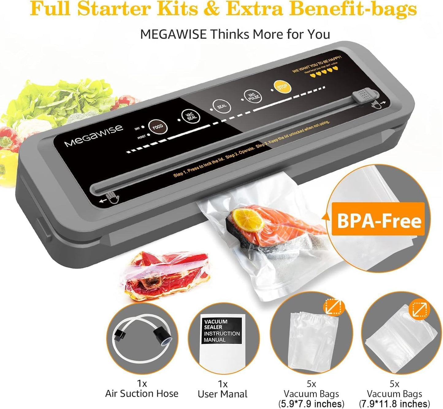 MegaWise Vacuum Sealer Machine - Compact One-Touch Food Sealer with 80kPa Suction Power | Bags & Cutter Included