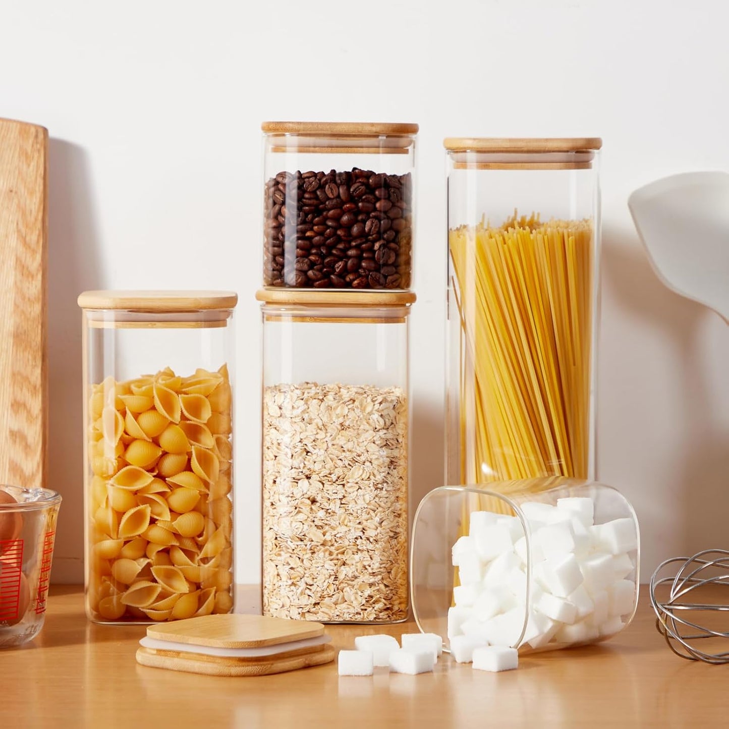 Skiennix Square Glass Food Storage Jars - BPA-Free Set of 5 for Organizing Pasta, Cookies, Nuts & More