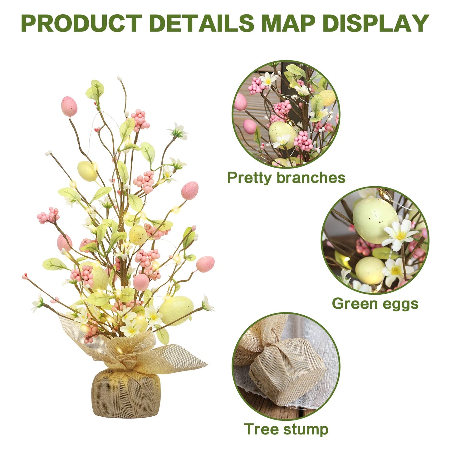 RoseCraft Easter Decorations, 18 Inch Pre-Lit Easter Egg Tree Tabletop Decor with Delicate Ornaments, for Home Party Wedding Holiday Spring Summer Decoration, Yellow/Pink.