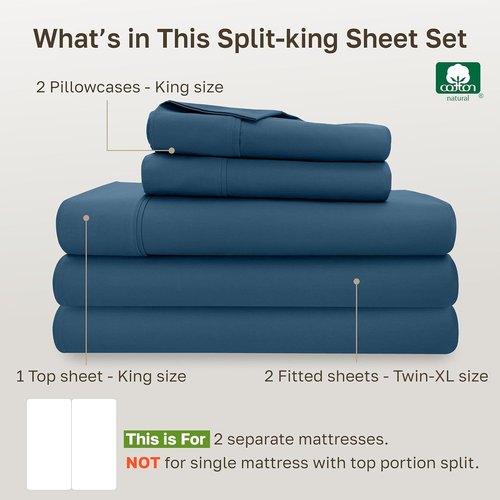 California Design Den Split King Bed Sheet Set - 100% Cotton, 400 TC, Silky Sateen Weave, Deep Pockets - Peacock Blue