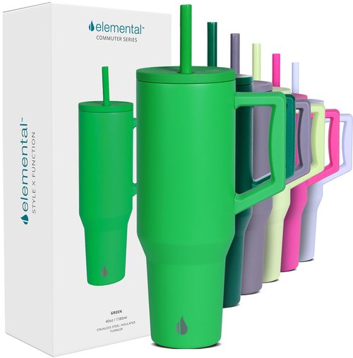 Elemental 40 oz Tumbler with Handle and Straw - Spill Proof Insulated Stainless Steel Commuter for Cold Beverages - Travel Coffee Mug with 2 Straws & Spill Proof Lid - 40oz - Green