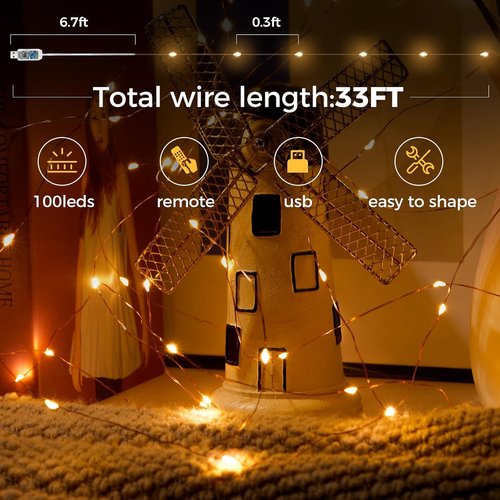 Ariceleo USB Powered Fairy Lights - 100 LED Twinkle String Lights with Remote & Timer | 65.6 ft Silver Wire, Waterproof, Warm White