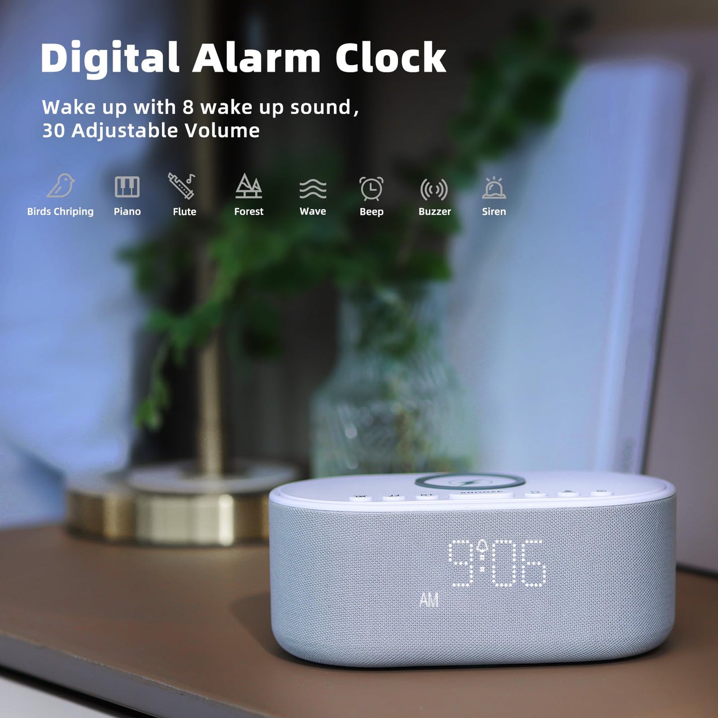 Odokee Sound Machine Alarm Clock Wireless Charger: Bluetooth 10W Stereo Sound Speaker Bedroom - White Noise Machine for Sleeping with 21 Soothing Sounds