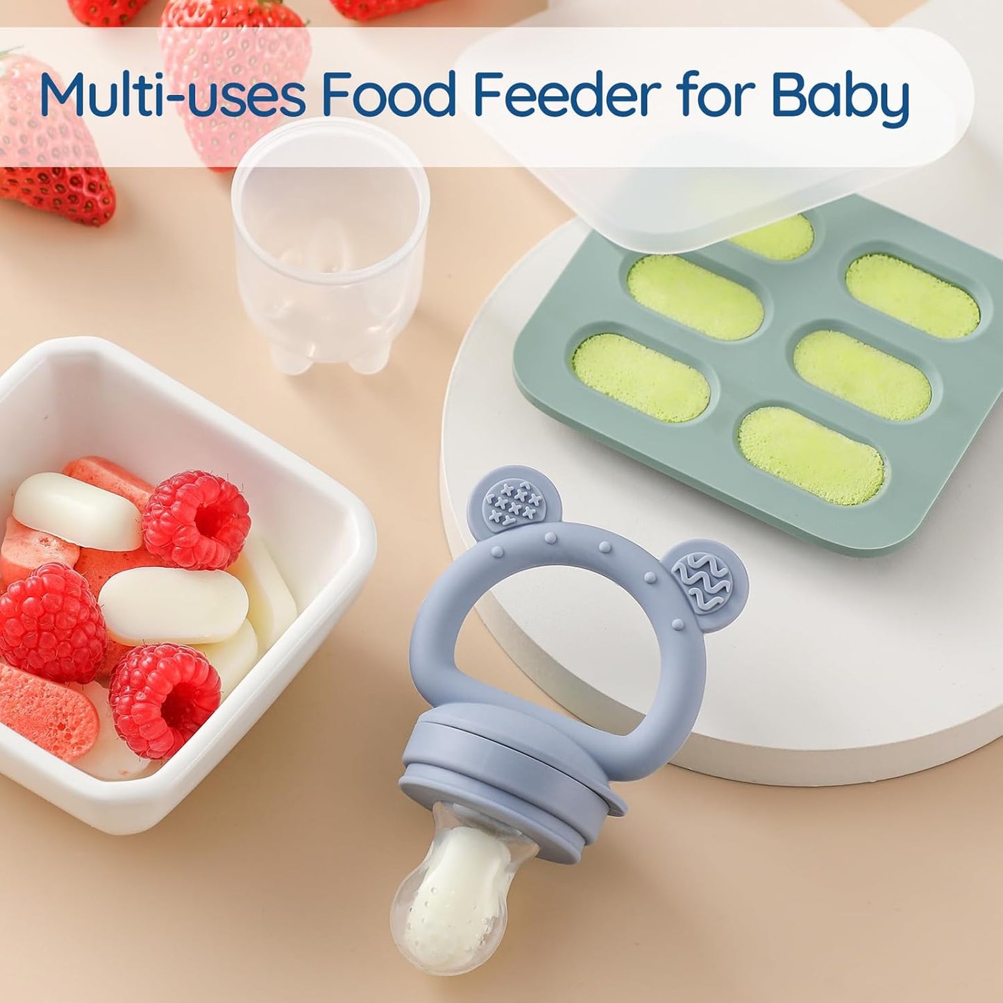 Skiennix Silicone Baby Fruit Feeder - Teething Relief & Fresh Food Storage | 2 Pack with Mini Freezer Tray