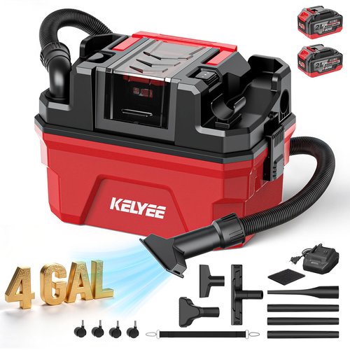 Cordless Shop Vac - 4 Gallon Small Shop Vac Wet and Dry with Accessories, 2 x 4.0Ah Batteries Wet Dry Vacuum, Ideal for Garage, Car, Workshop (Red)