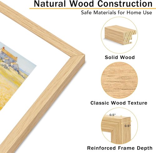JCJMY 12x12 Solid Wood Picture Frame - Display 8x8 with Mat or 12x12 Without Mat, Natural Finish