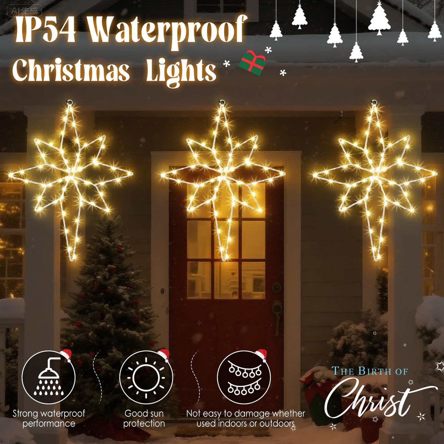 Hiboom Large 3 Pack Christmas Window Light Decorations, LED Bethlehem Christmas Star Window Silhouette Lights with Timer, 8 Models, Iron Frame, Battery Operated Lighted Xmas Star Decors(16 Inch)