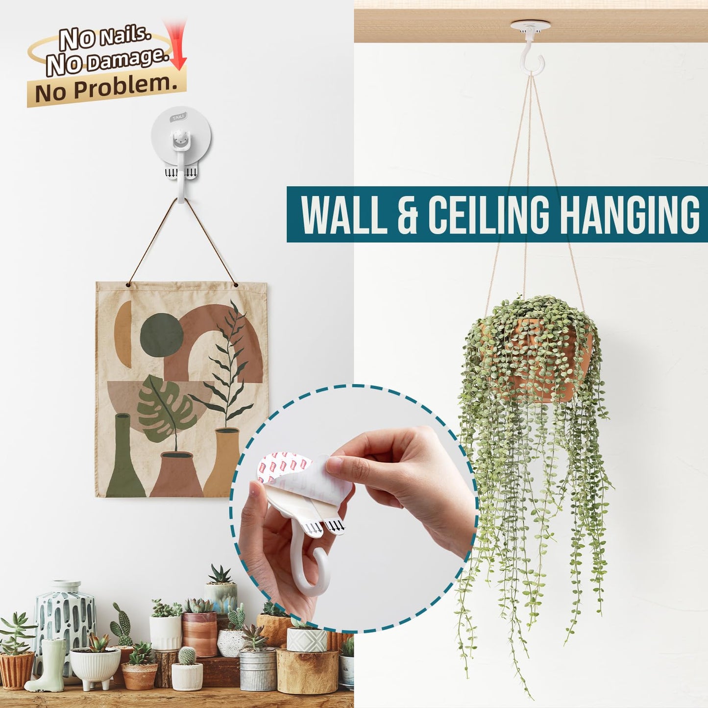 TAILI Adhesive Ceiling Hooks for Hanging Plants, Heavy Duty No-Drill Removable Sticky Wall Hooks Hanging Christmas Lights Garland Coat for Door Kitchen, Renter Friendly - 4 Pack White