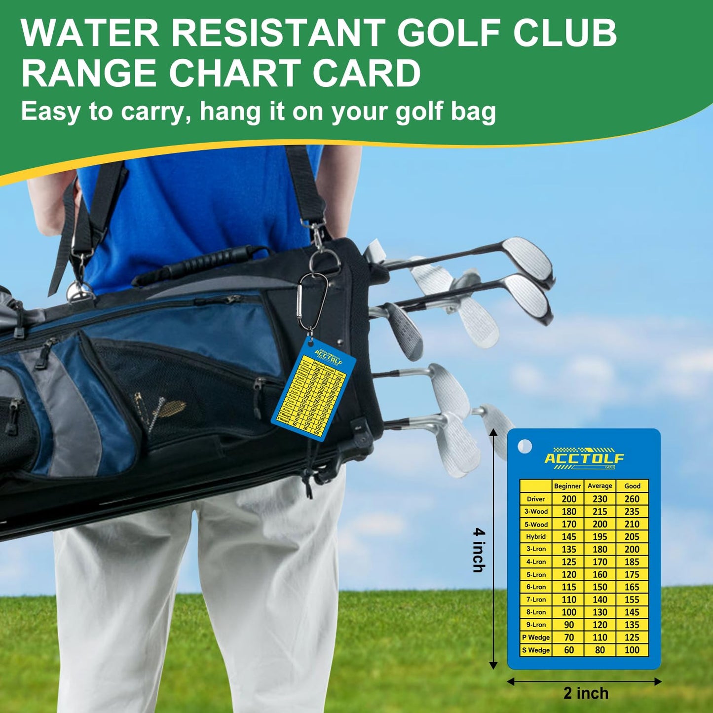 ACCTOLF Golf Club Range Chart, Golf Range Chart, Golf Club Distance Card with Carabiner Clip for Golf Bag, Water Resistant Golf Yardage Card for Seasoned Golfers, Average or Beginners