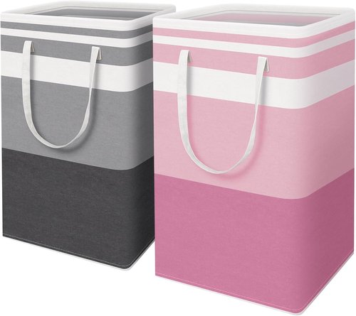HomeHacks Large Waterproof Laundry Baskets - Collapsible Hampers with Reinforced Handles | Grey & Pink, 88L Each