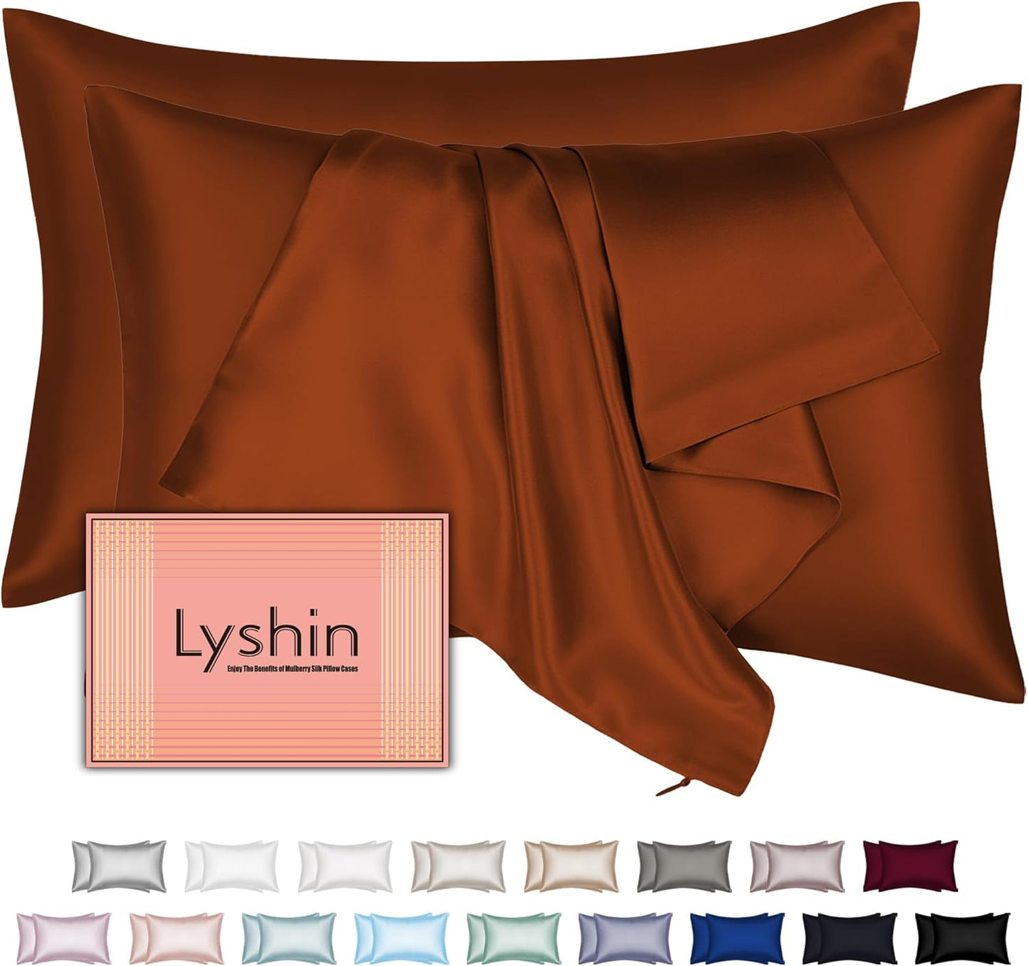 Skiennix Mulberry Silk Pillowcases - 2 Pack Standard Size, Hidden Zipper, Cooling & Soft, Burnt Orange