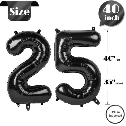 Black Number 25 Balloon 40 inch, 25 Number Balloons, 25th Black Birthday Decorations for Women Men, 25 Year Old Black Party Supplies