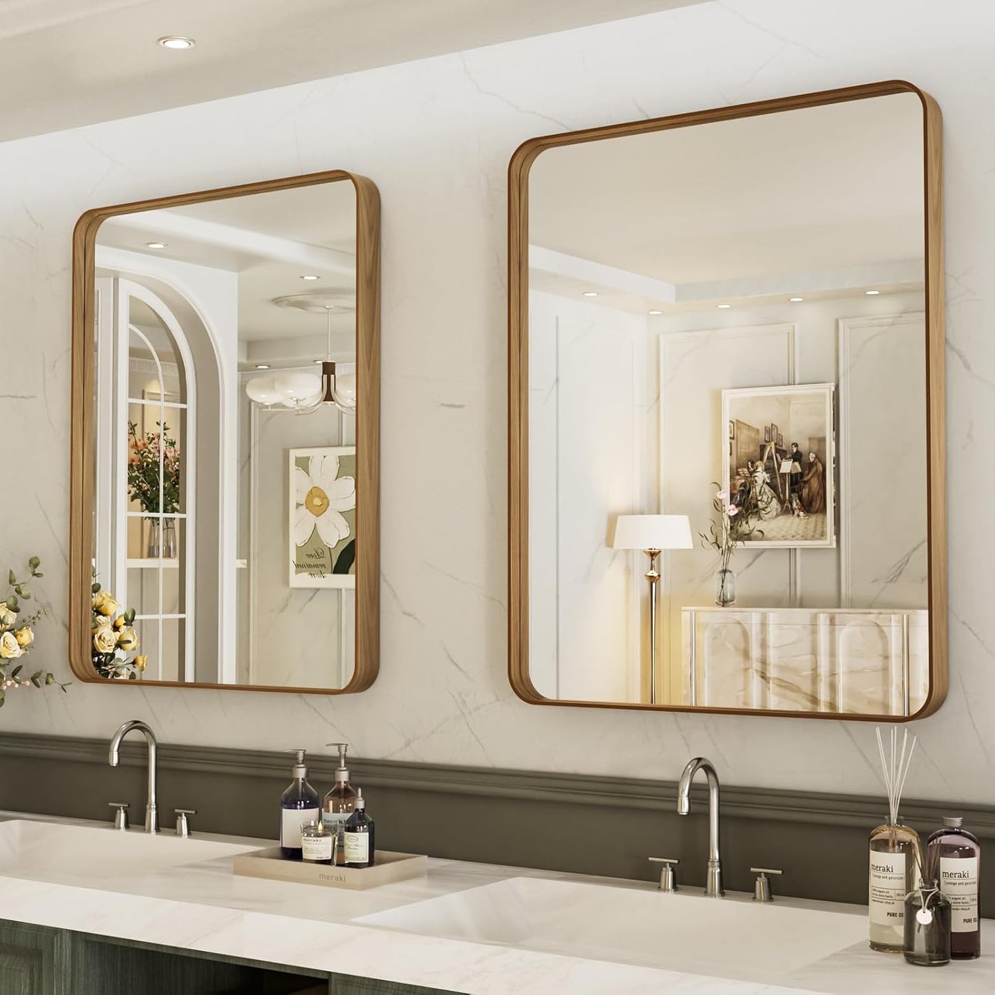 LOAAO Bathroom Mirror - 24x32 Inch Rounded Rectangle with Wood Grain Metal Frame | Anti-Rust, Versatile Hanging Options