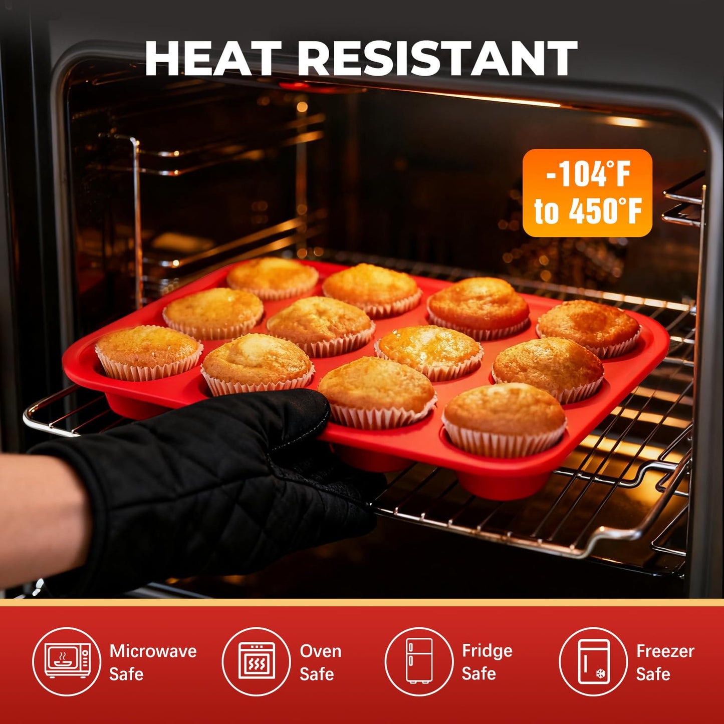 Silicone Muffin Pan for Baking: 12 Cup Muffin Pan with Metal Reinforced Frame, Regular Size Cupcake Egg Bites Molds for Baking, BPA Free Silicone Muffin Tray, Dishwasher Safe (1 Pack, Red)