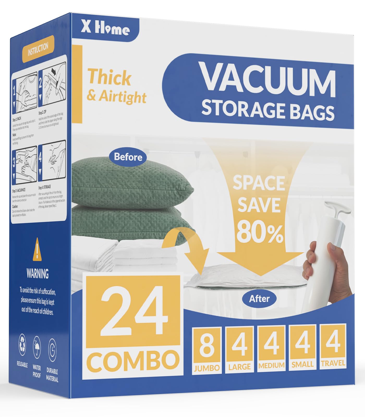 8 Pack Jumbo Vacuum Storage Bags, 80% Space Saver Vacuum Seal Bags for Clothing Bedding, Blankets, Comforters, Duvets, Quilts, and Pillows, Vacuum Compression Bags with Travel Hand Pump