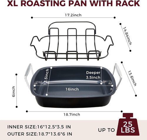 HONGBAKE Extra Large Nonstick Turkey Roasting Pan - 18.7" x 13.6" with Rack for 25 lb Turkey & Chicken | Heavy Duty Steel, Gray