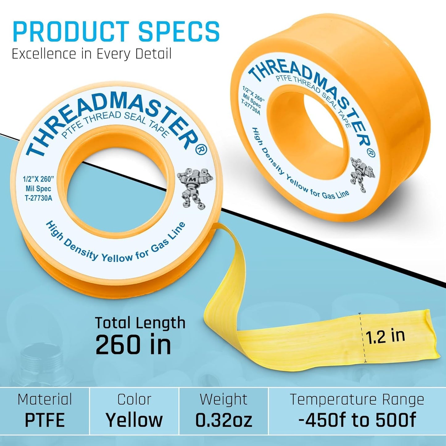 TAPEWELL Yellow Gas Pipe Thread Sealant Tape - 1/2" Width | Ideal for Propane & Natural Gas
