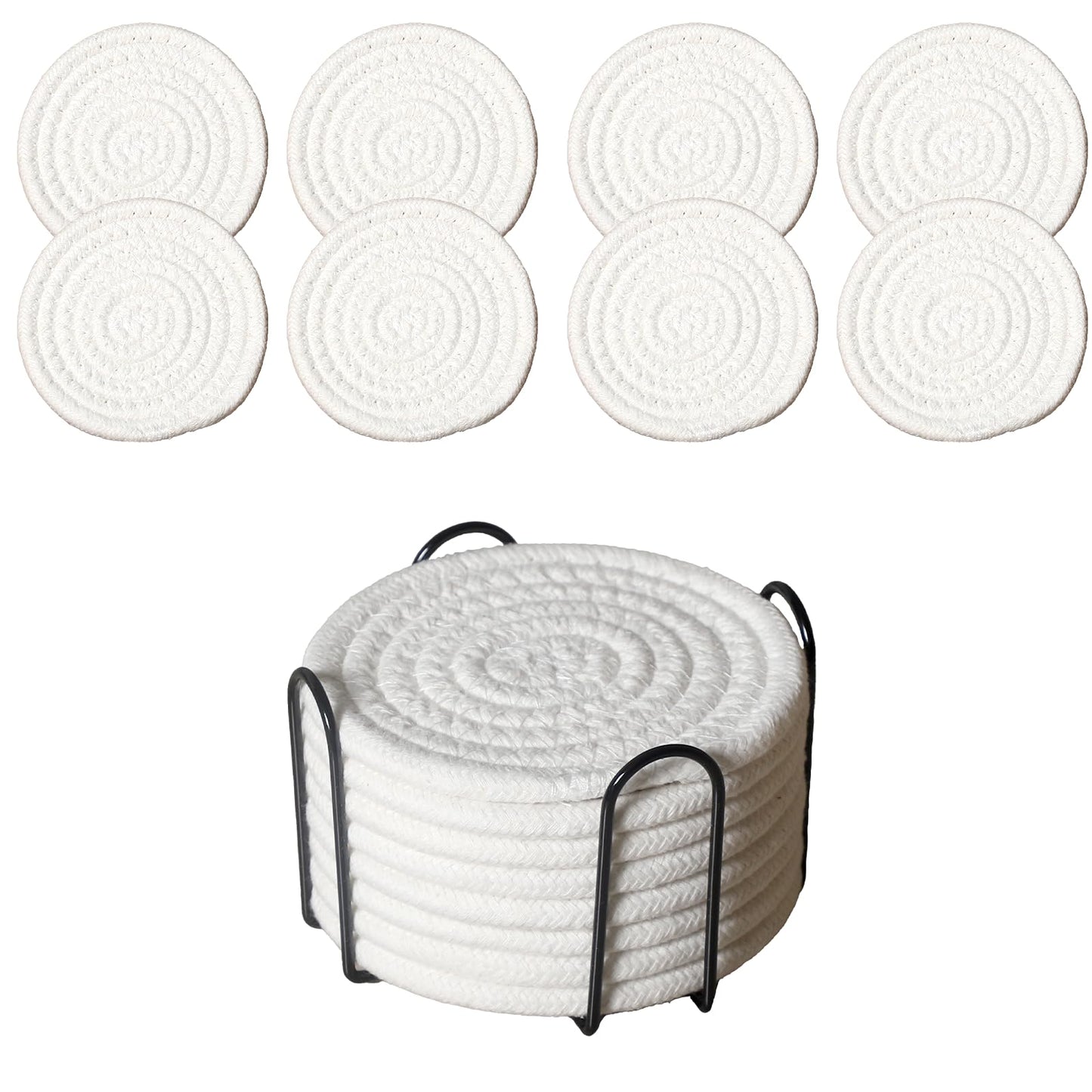 ZEXOLAP Drink Coasters Set of 8 with Holder – Cotton Woven Absorbent Coasters, 4 Colors for Coffee, Beer, Drinks & Tabletop Protection