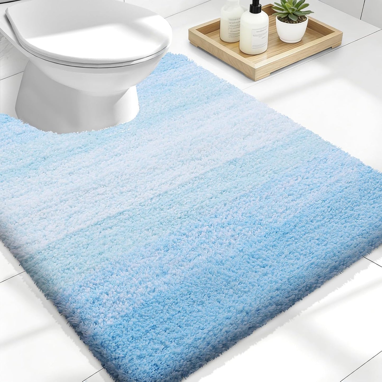 OLANLY Luxury U-Shaped Toilet Rugs - Extra Soft, Absorbent Microfiber Bath Mat, 24x20, Sky Blue