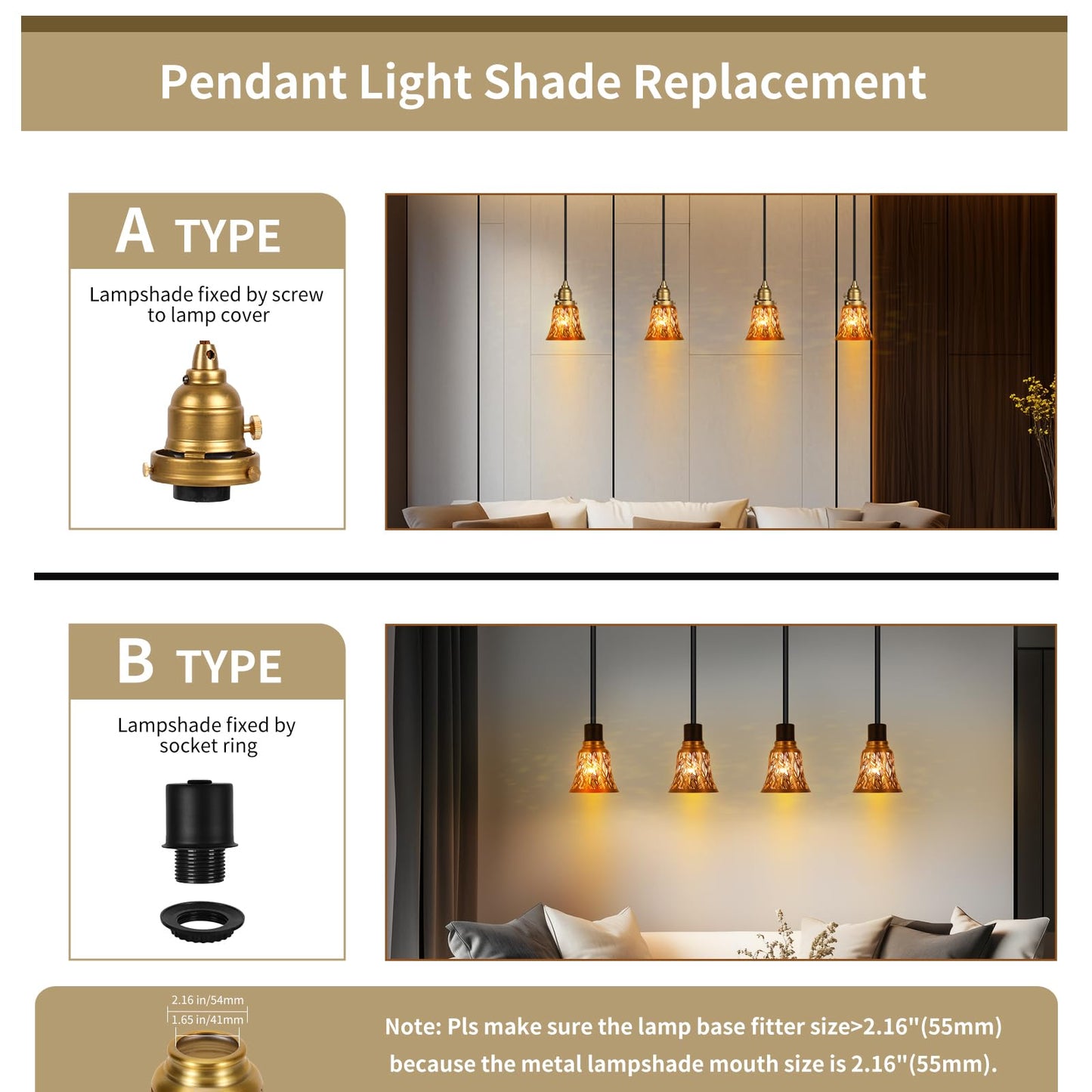Pendant Light Shades, 4 Pack Ceiling Fan Light Shade Replacements with 1-5/8" Fitter, ALUCSET 4.72" Height 4-3/4" Diameter, Metal Bell Shaped Cover for Chandelier Wall Sconces,Yellow Brass&Gold Plated