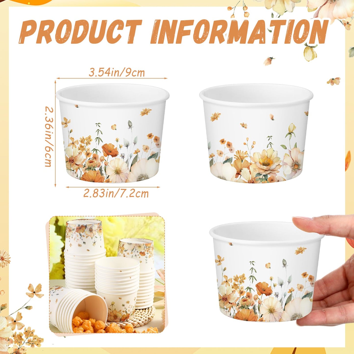 Funnymoom 50 Pack Fall Floral Treat Snack Cups Autumn Flowers Paper Ice Cream Cups 9 oz Watercolor Flower Disposable Dessert Bowls for Hot or Cold Food Fall Wedding Baby Shower Birthday Party Supplies