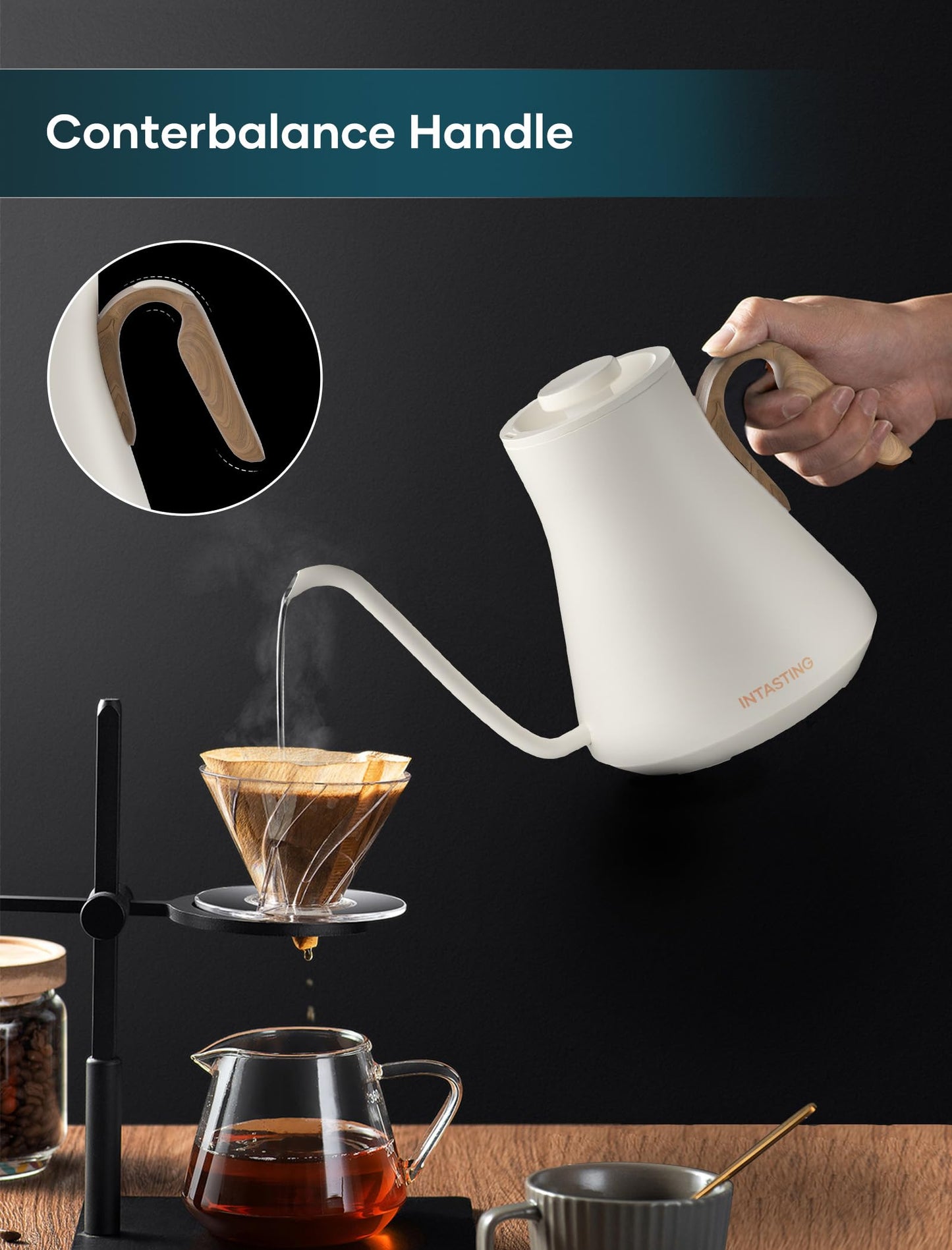 INTASTING Electric Kettle, Gooseneck Electric Kettle, ±1℉ Precise Temperature Control, Stainless Steel Interior, Quick Heating for Pour Over Coffee, Tea & Boiling Water, 0.9L (Cream White)