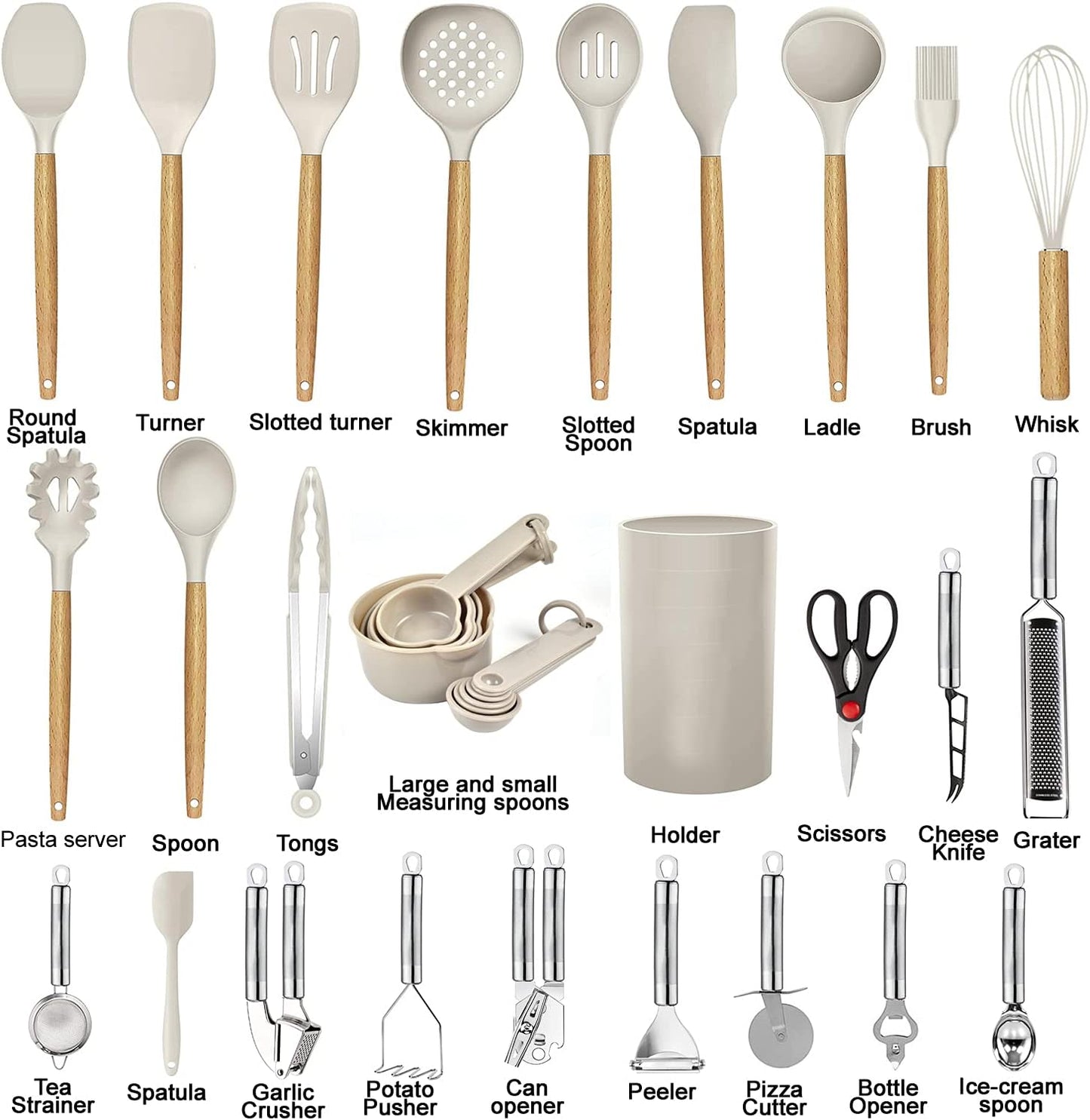 Skiennix Kitchen Utensils Set - 35-Piece Heat-Resistant Silicone & Wooden Cooking Tools for Nonstick Cookware