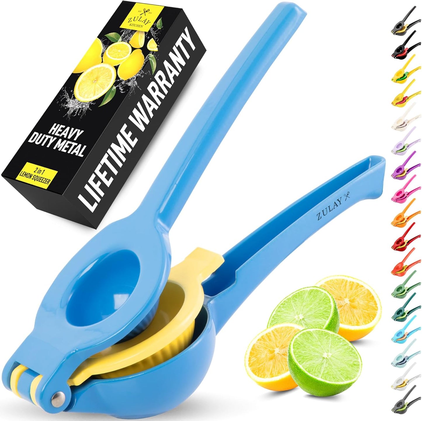 Zulay Kitchen 2-in-1 Lemon Squeezer - Sturdy Hand Juicer for Maximum Juice Extraction - Easy to Clean | Blue/Yellow