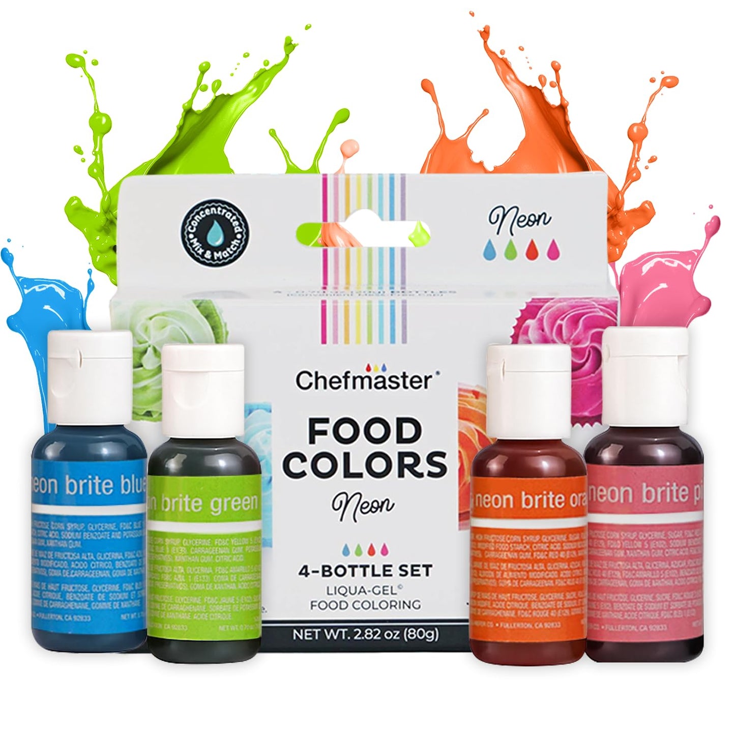 Chefmaster 4-Bottle Set of Neon Food Coloring, Liqua-Gel® Vibrant Colors, Professional-Grade Dye for Easter Eggs, Icing, Frosting, Fondant, & Batters, Fade-Resistant, Made in USA, 0.67 oz