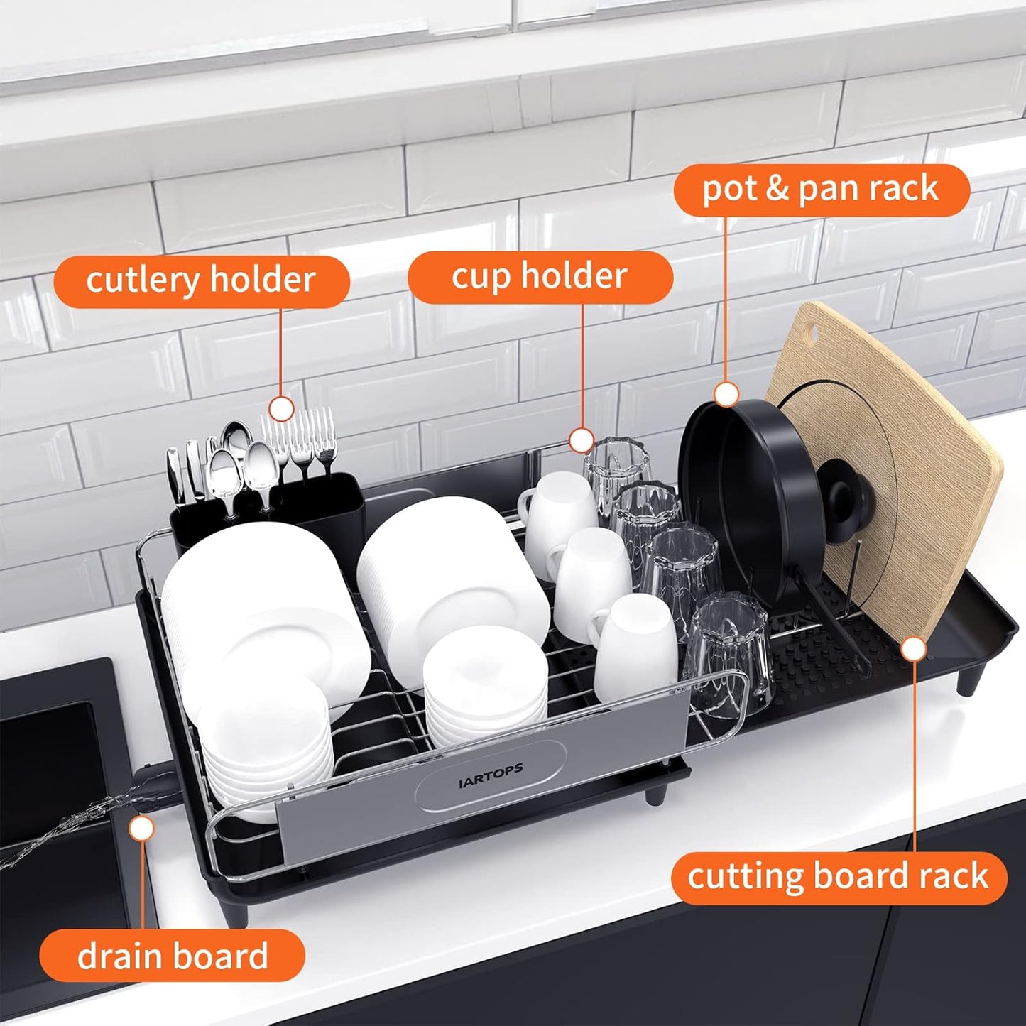 Skiennix Dish Drying Rack - Expandable Stainless Steel Strainer with Drainboard | Large Capacity, Glass & Utensil Holder