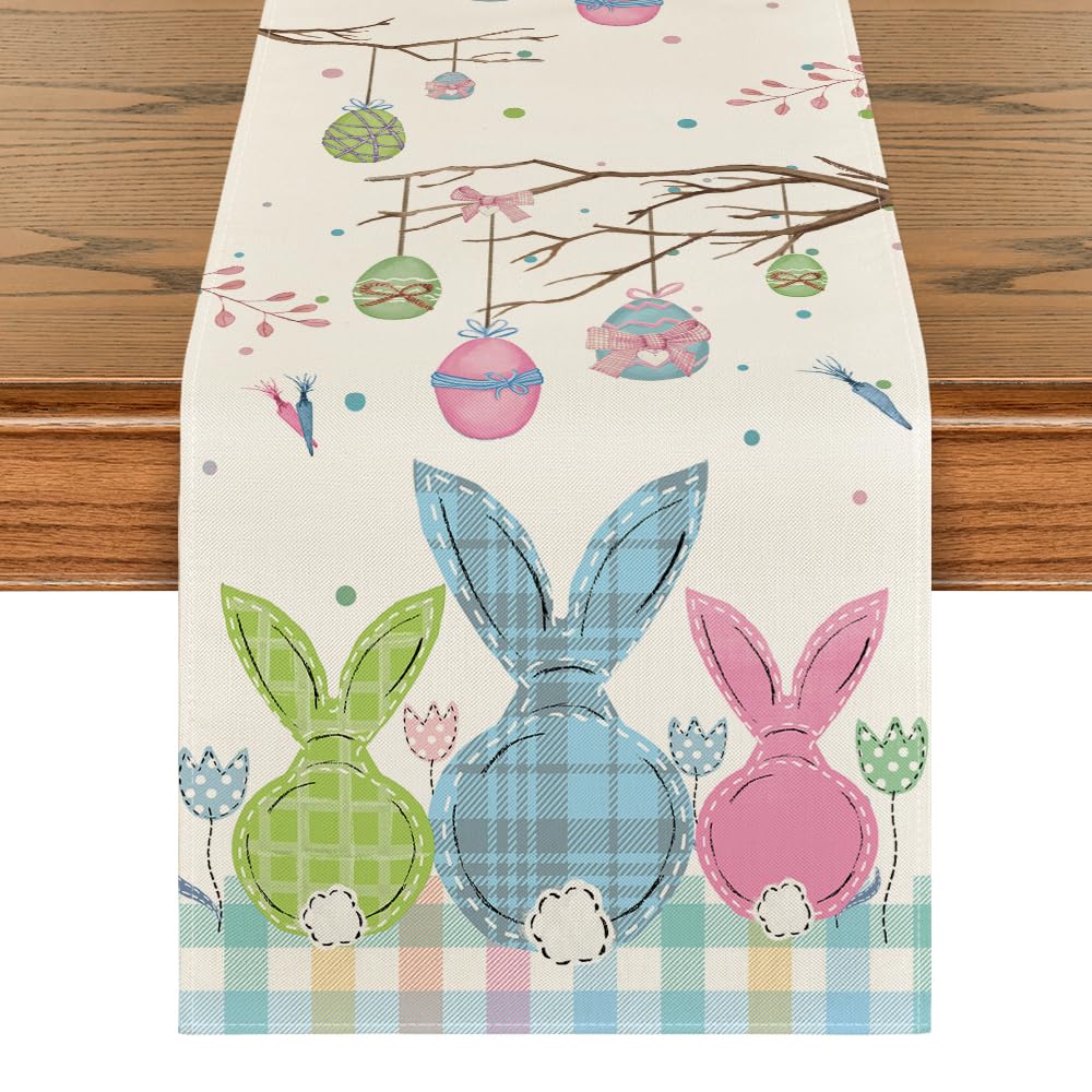 Artoid Mode Buffalo Plaid Bunny Egg Carrot Easter Table Runner, Seasonal Spring Kitchen Dining Table Decoration for Home Party Decor 13x72 Inch