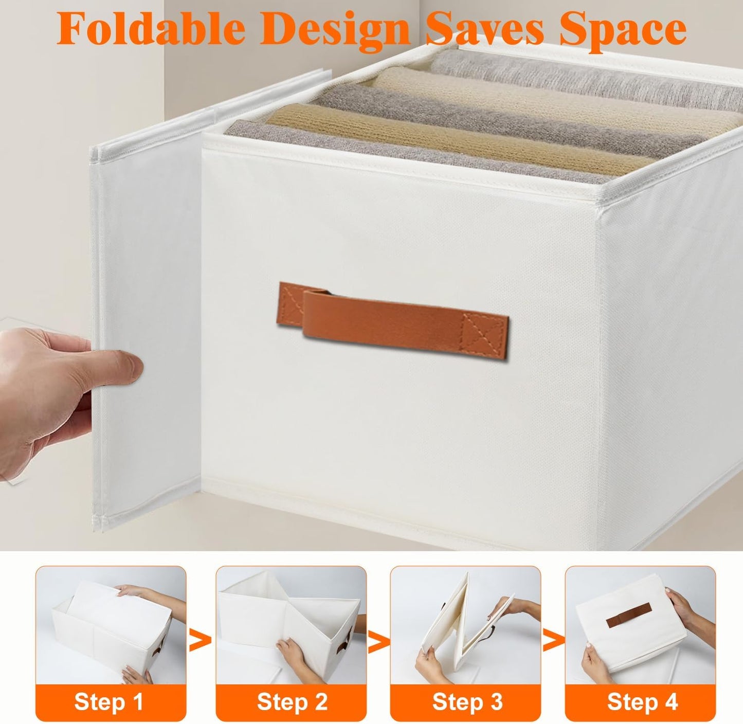Oxford Fabric Storage Bins - 4 Pack Sturdy Organizer Baskets with PU Handles | Foldable White Design
