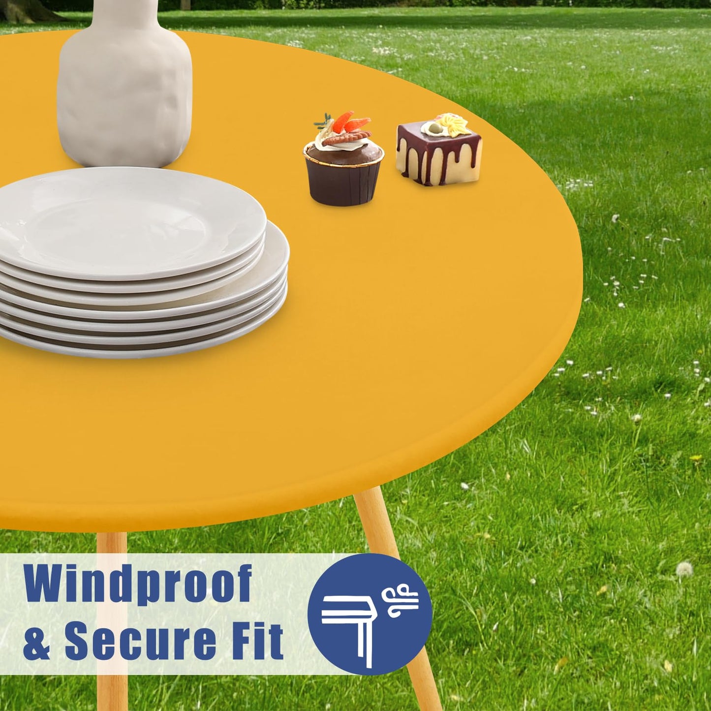 Moosfor Round Spandex Tablecloth, Elastic Fitted Waterproof Tablecloths for 57"-68" Tables, Stretch Washable Picnic Table Cover for Camping, Dining, Indoor and Outdoor, Mustard Yellow