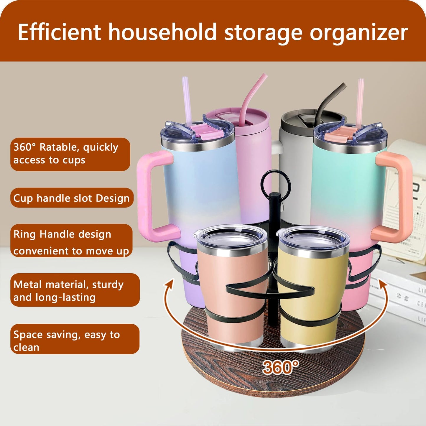 Tumbler Organizer,Ctancifang Rotating Stanley Cup Holder for Cabinet Fits 6 Bottles (40/30 oz), Stanley Organizer with Portable Handle for Kitchen, Camping, Parties,Easy to Grab Cup,Easy to Carry