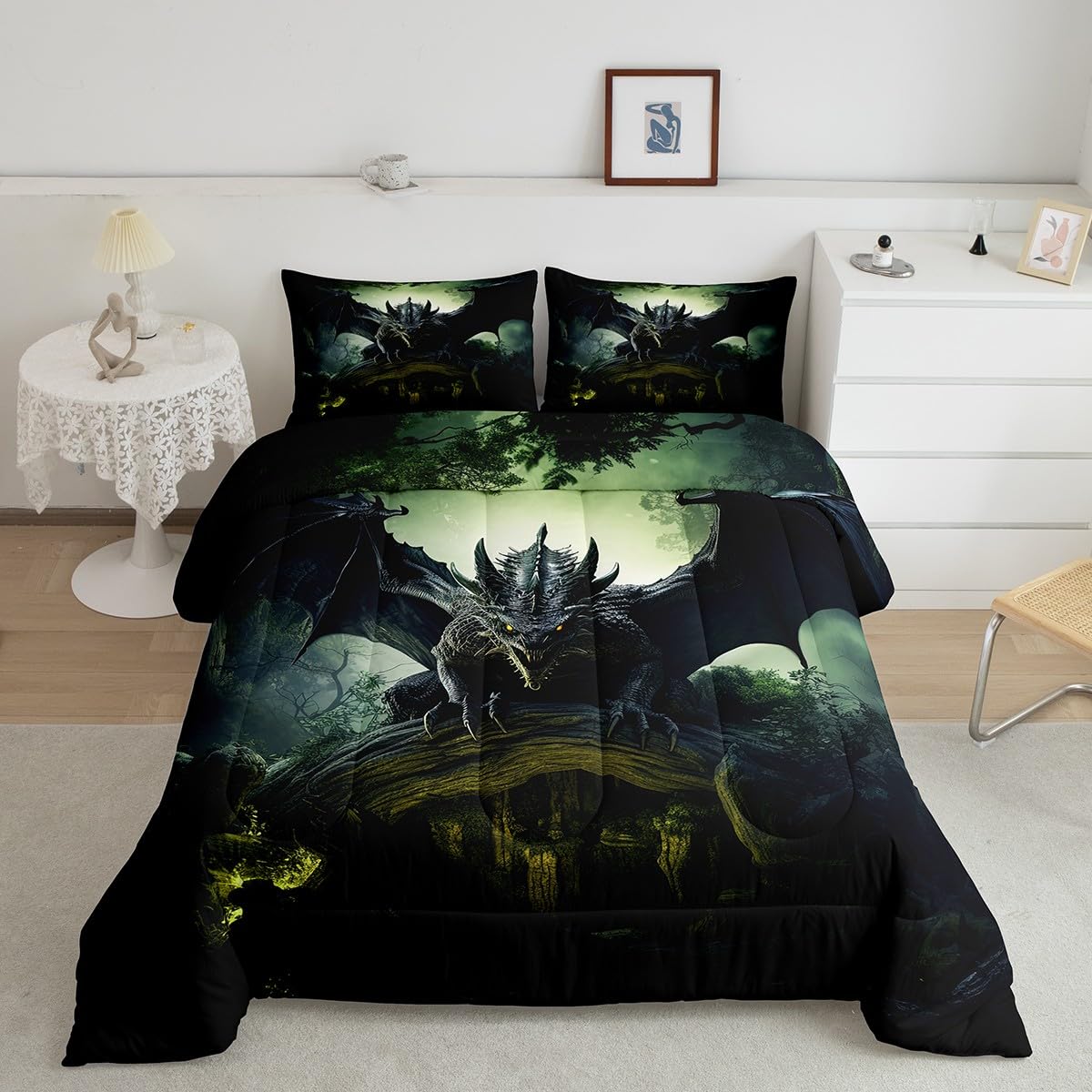 Erosebridal Flying Dragon Bedding Print for Boys Girls Room Decor - Dragon Bedding King, Exotic Dragon Comforter Set Tropical Rainforest Quilt Soft Microfiber Duvet Insert with 2 Pillow Cases