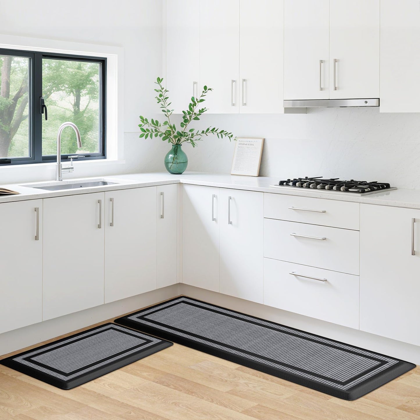 KitchenClouds [2 PCS] Kitchen Rugs Cushioned Anti-Fatigue Kitchen Mats for Floor Waterproof Kitchen Rug Set Non-Slip Comfort Standing Mat for Office, Sink, Laundry 17.3"×28"+17.3"×60",Black