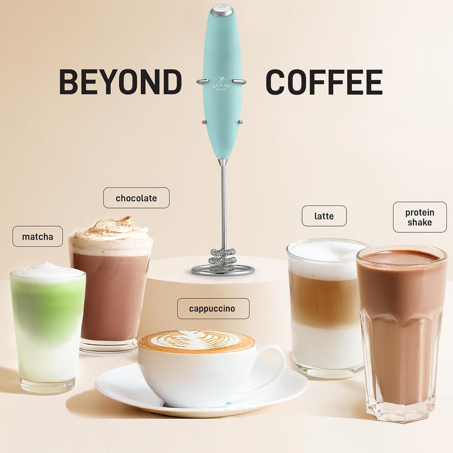 Zulay Kitchen Tornado Triple Whisk Milk Frother - Handheld Foam Maker for Coffee & Lattes - Mint Color with 4 Duracell Batteries