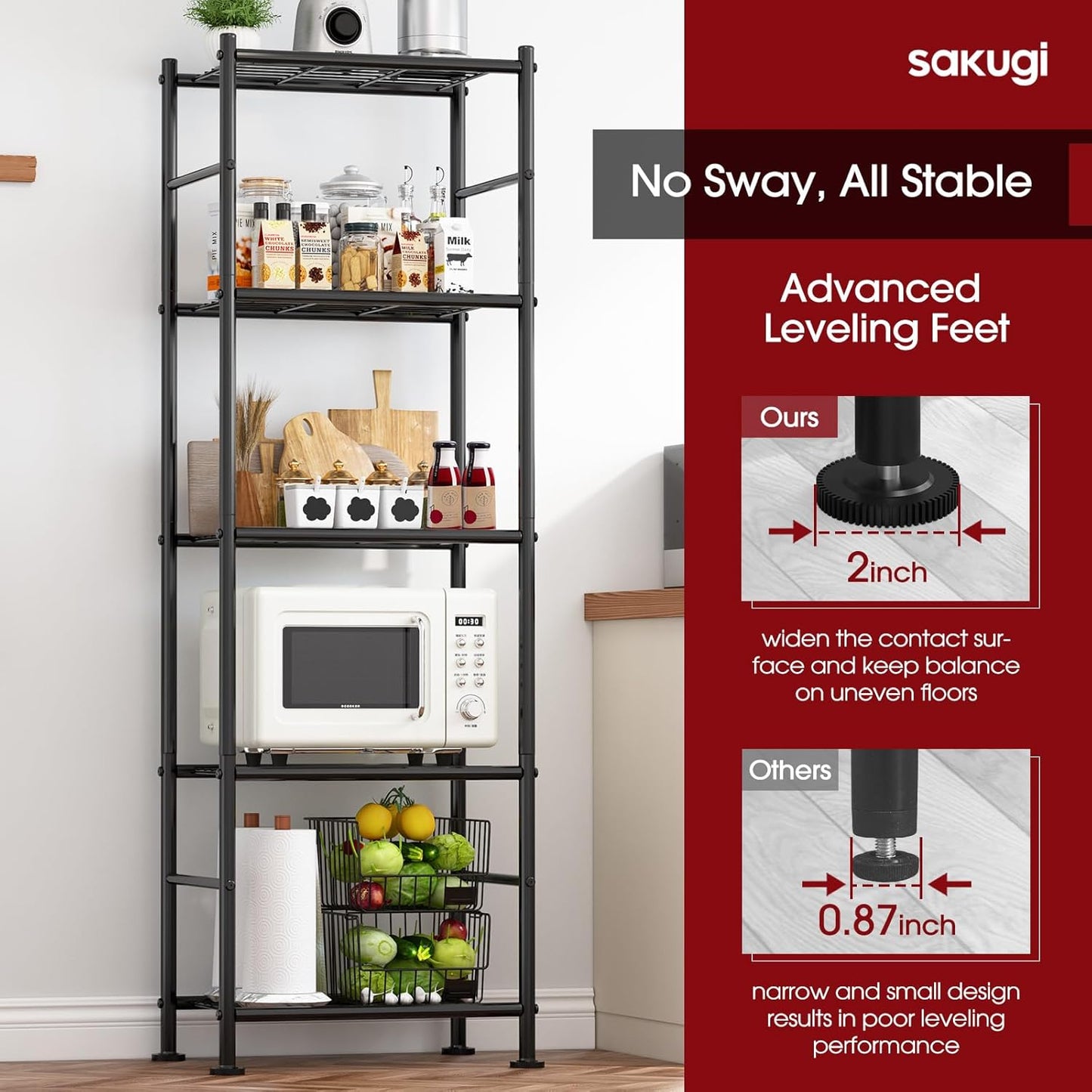 Sakugi 5-Tier Storage Shelves - Heavy-Duty Metal Organizer for Garage, Pantry & Kitchen | 18.4" W x 12.6" D x 57.4" H, Black
