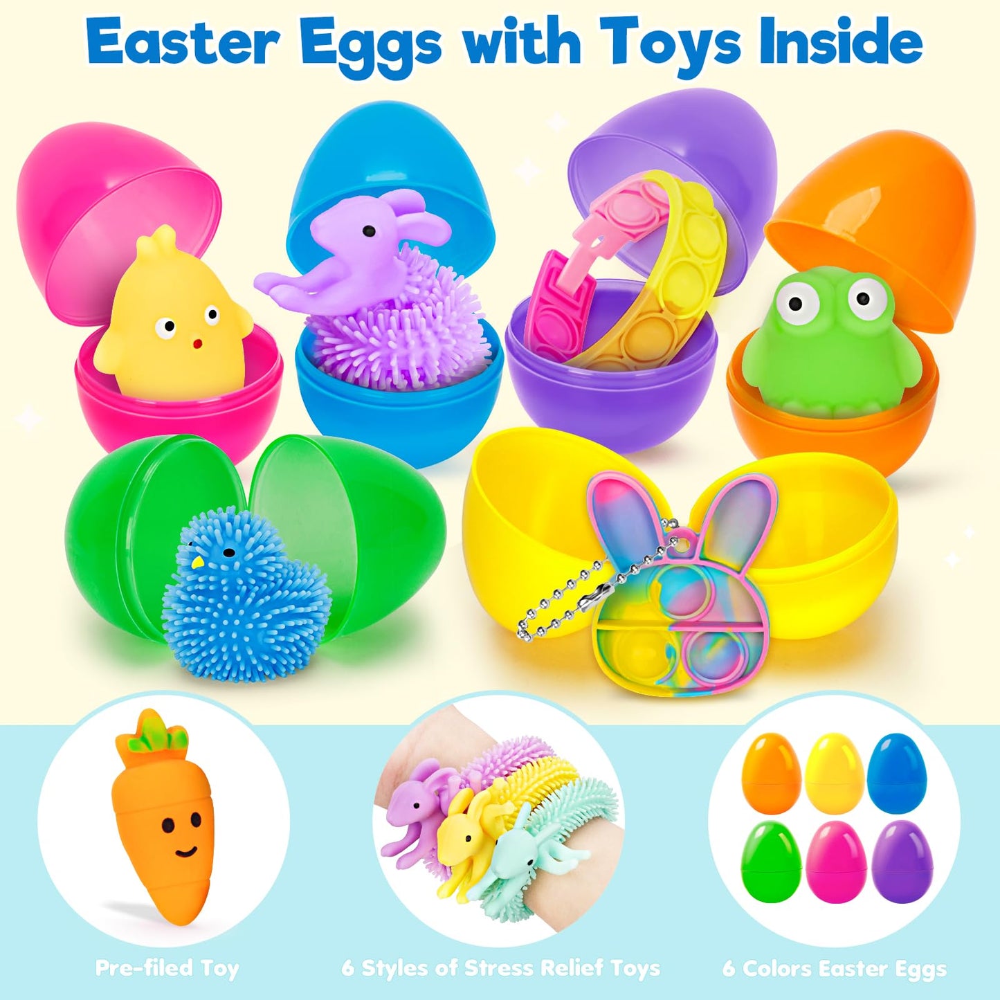 Jyusmile 36 Pack Prefilled Easter Eggs with Toys, Plastic Easter Eggs with Assorted Toys Inside, Surprise Eggs for Easter Hunt, Easter Basket Stuffers, Party Favors Bulk for Kids Boys Girls
