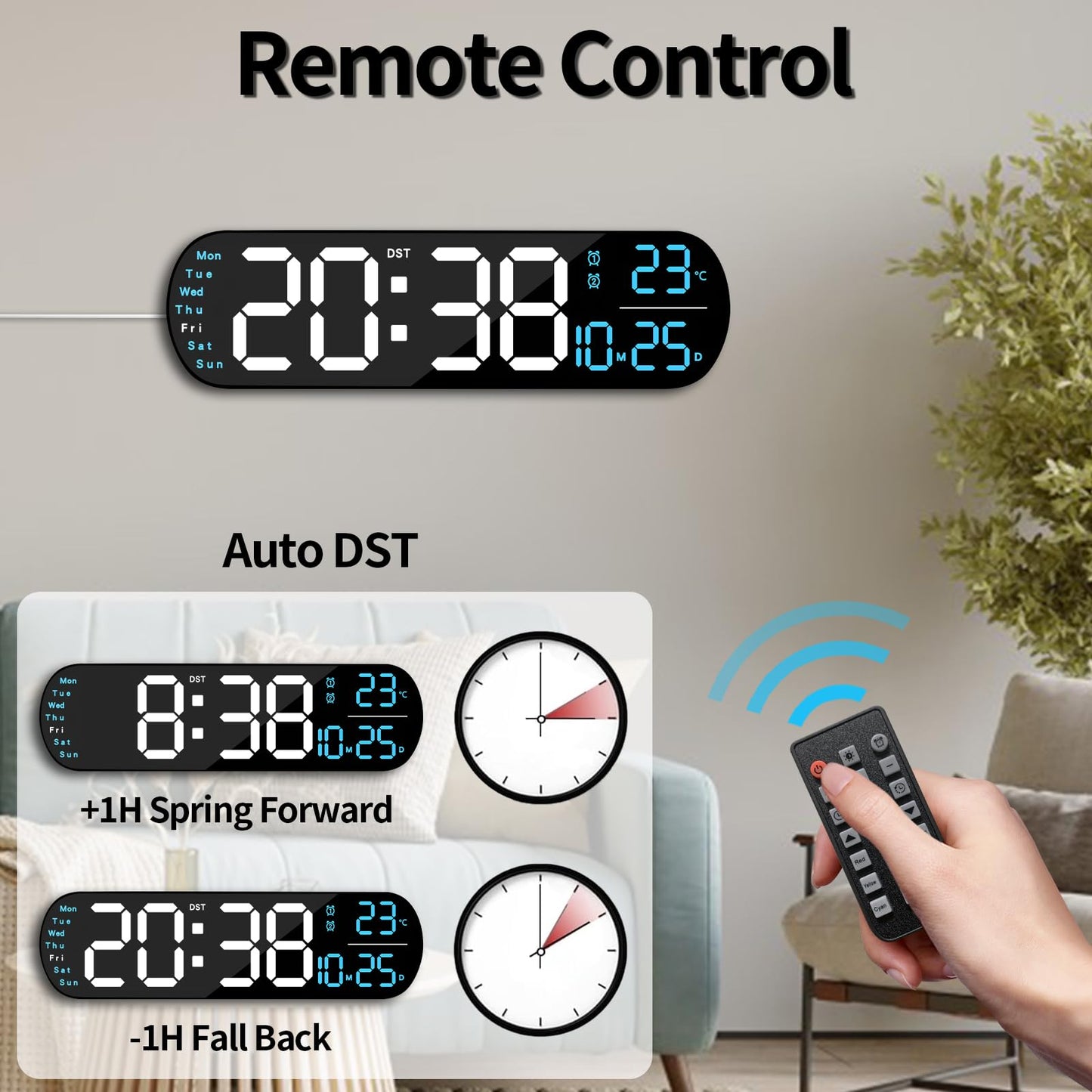 oviouit 14.3" Digital Wall Clock with Remote Control, Large Display, LED Clock for Living Room, Bedroom, Auto-Dimming, 9 Color Night Light, Auto DST, Date, Week, Temperature (Rounded Rectangle-Blue)