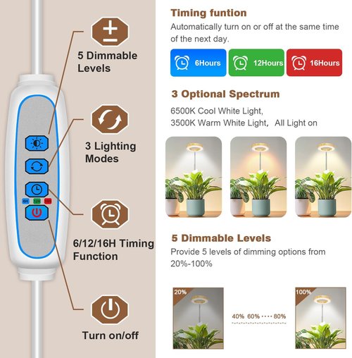 Aokrean Grow Light - 48 LEDs Full Spectrum Indoor Plant Light | Height Adjustable with Auto Timer & 5 Brightness Levels