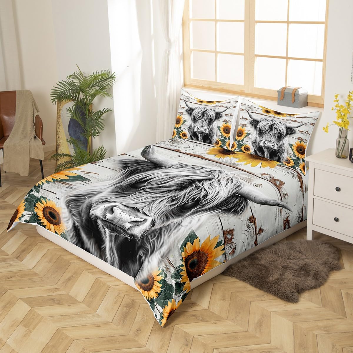 Highland Cow Bedding Set Kids Farm Highland Cattle Comforter Cover Set for Girls Women Sunflower Farmhouse Style Duvet Cover King Size Breathable Wood Grain Bedspread Cover Room Decor Quilt Cover