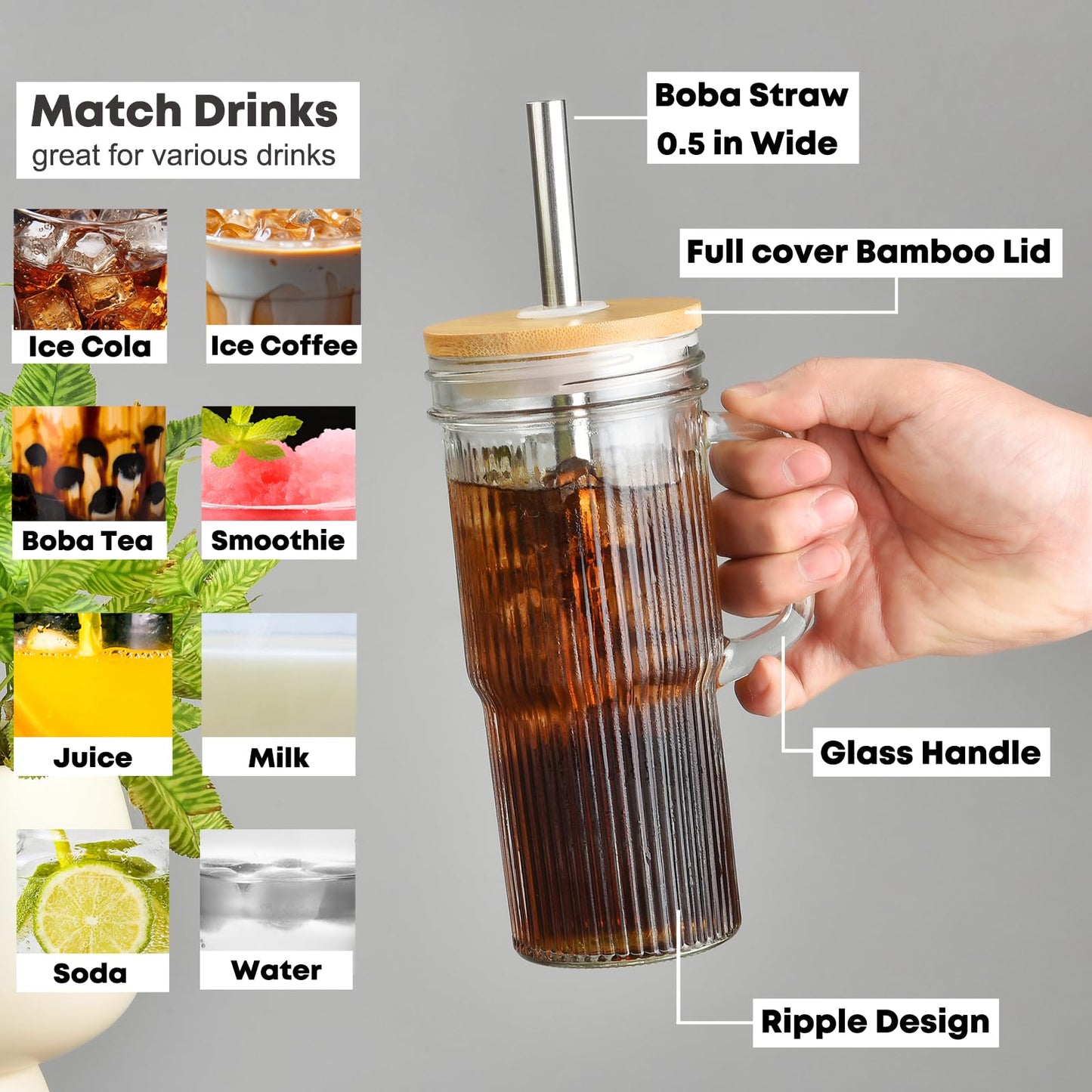 ALINK 24oz Ribbed Glass Cups with Bamboo Lids and Straws, 2-Pack Glass Tumbler with Handle, Reusable Iced Coffee Cups, Wide Mouth Mason Jar Boba Smoothie Cups, Drinking Glasses with 2 Brush