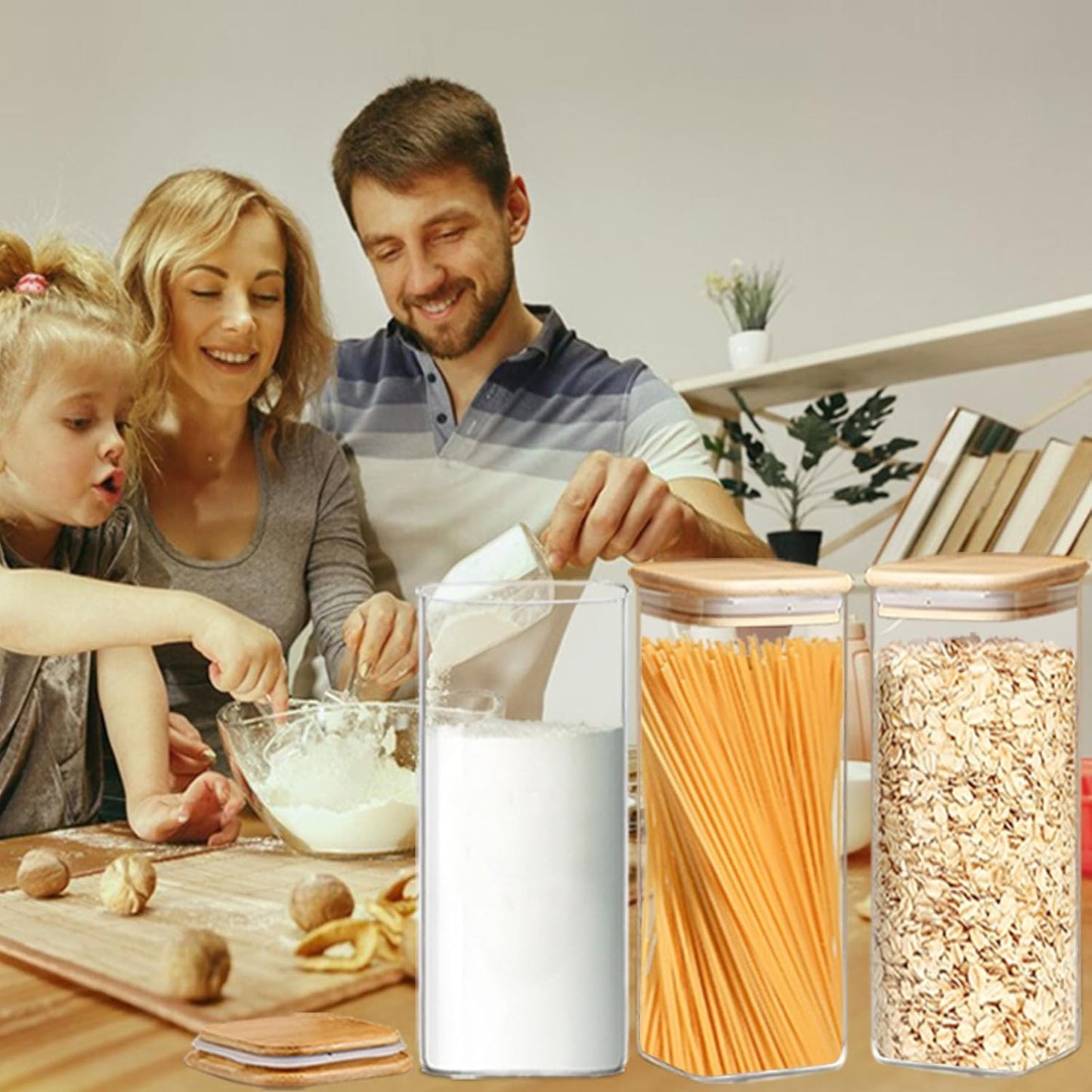 VIEWELLD 2.2 Qt Square Glass Storage Containers - Clear Food Jars with Bamboo Lids | Set of 3 for Pasta, Oats, Coffee, Flour, Sugar