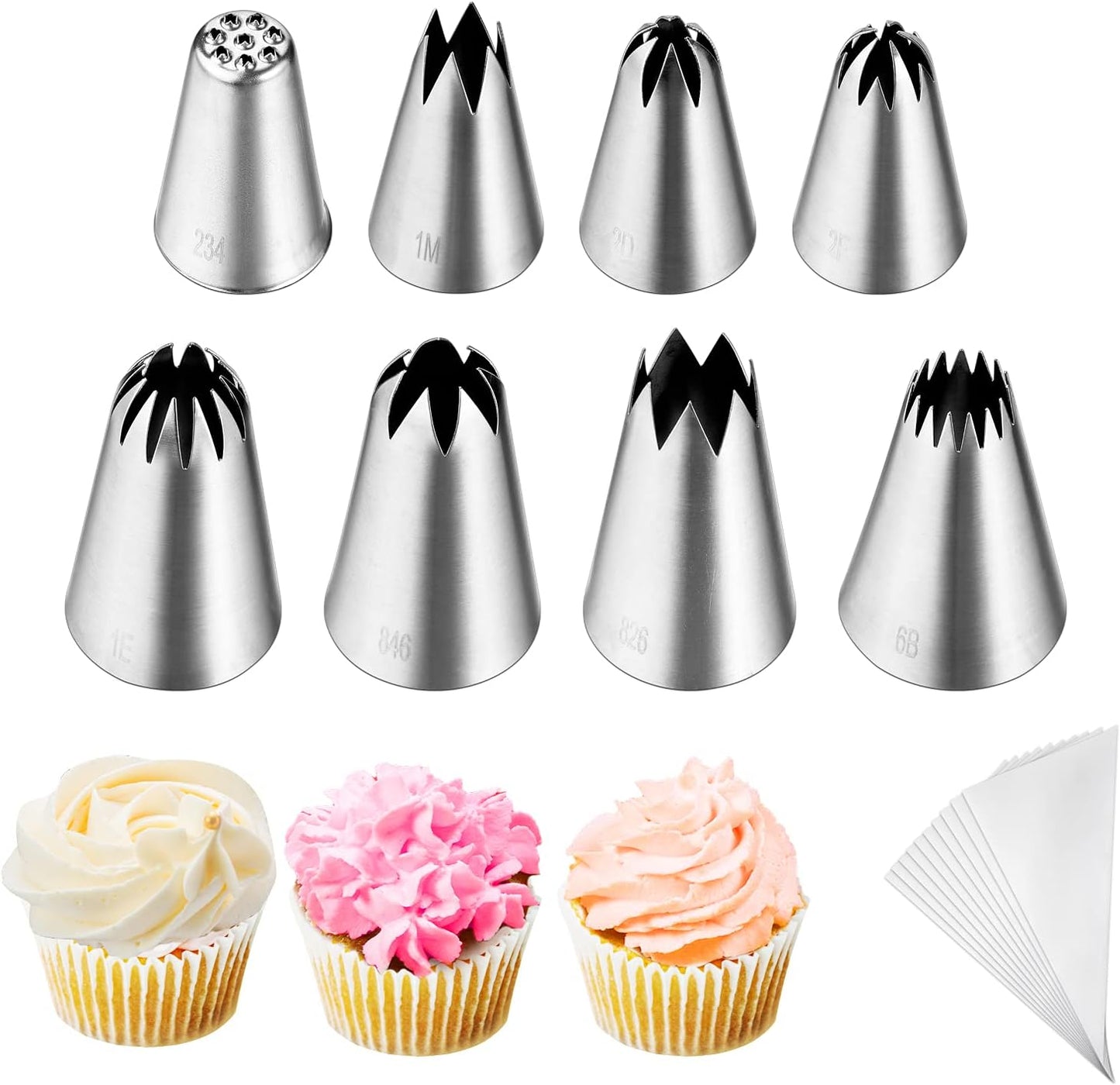 Kasmoire 8-Piece Large Piping Tips Set - Stainless Steel Icing Tips with 10 Disposable Pastry Bags for Cake Decorating