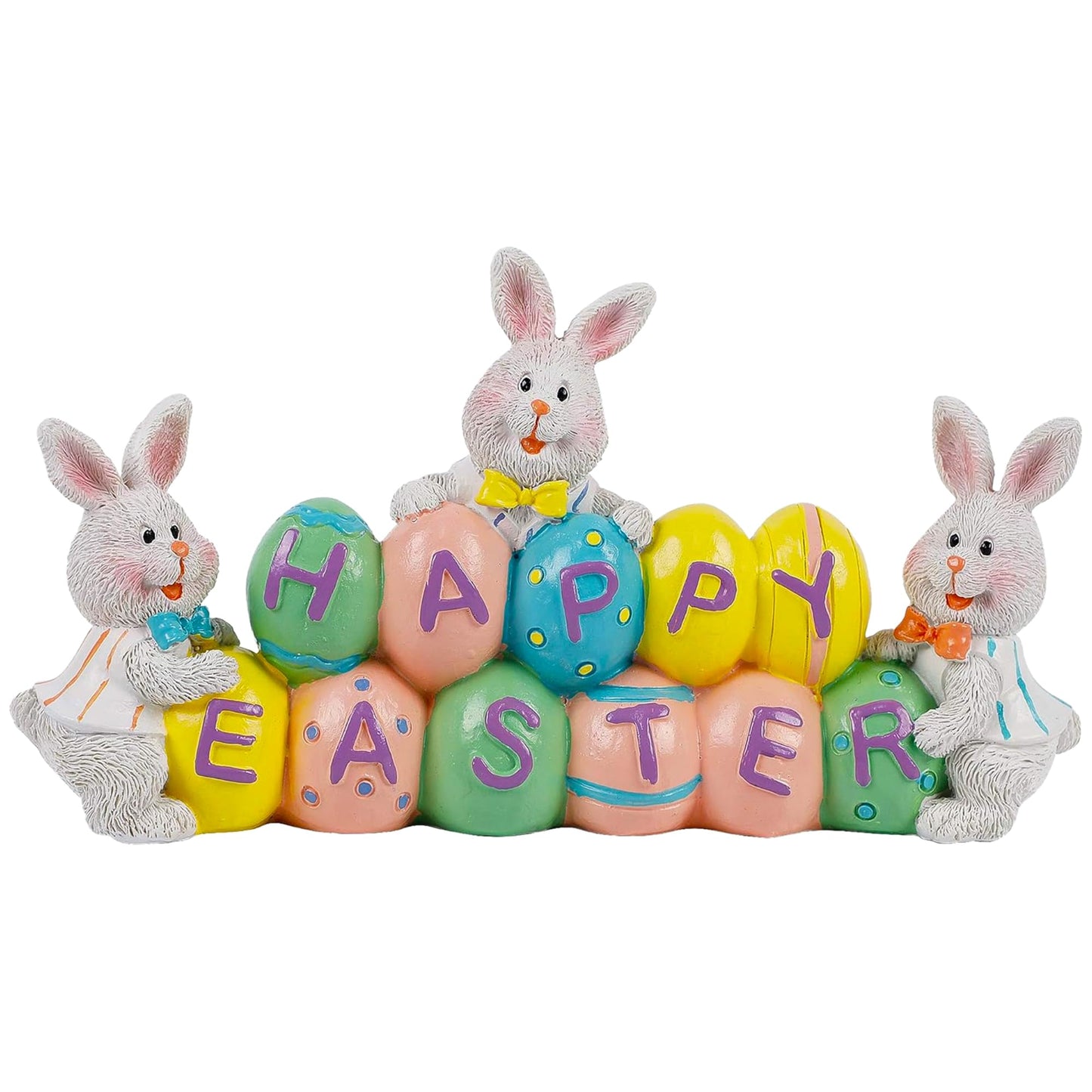DR.DUDU Easter Decorations Eggs Bunny, Hand-Painted Resin Tabletop Centerpiece, Decor Bunny Figurine for Home Room Table Office Party (Happy Easter)