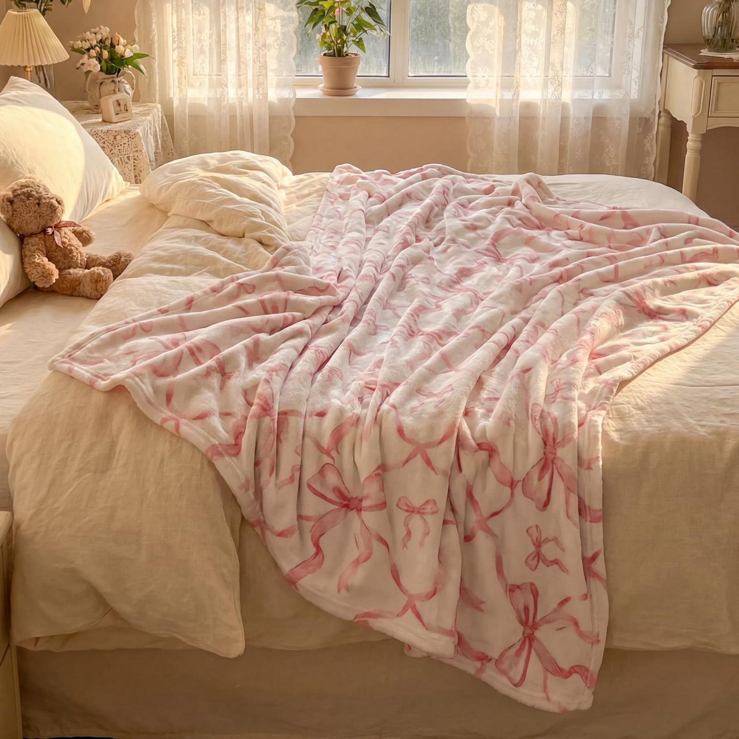 Buryeah Pink Bow Throw Blanket 50"x60" Ultra Soft Flannel Coquette Aesthetic Blanket for Girls Women Preppy Room Decor for Bed Sofa Spring Wedding Mother's Day Graduation Back to School Gift