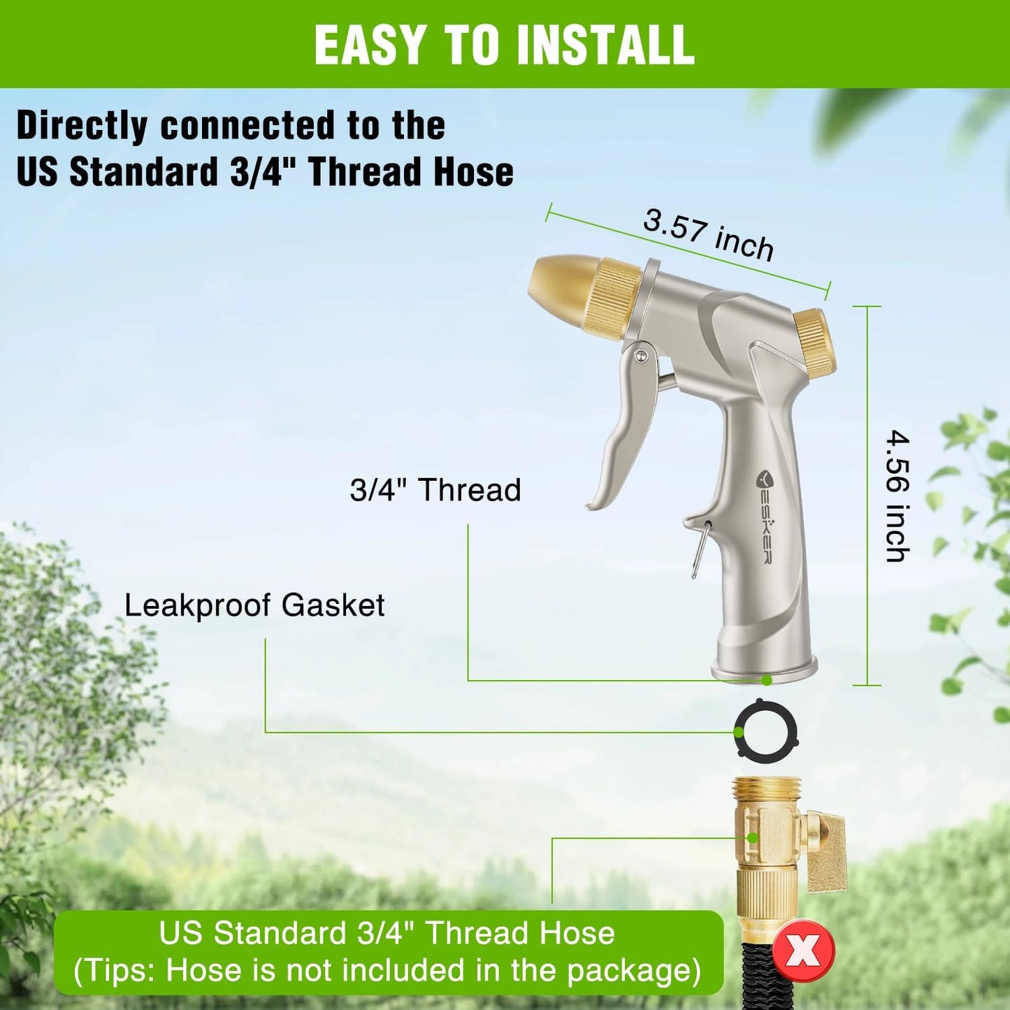 Yesker Garden Hose Nozzle - Heavy Duty 100% Metal Brass Sprayer with 4 Adjustable Spray Patterns for Outdoor Use