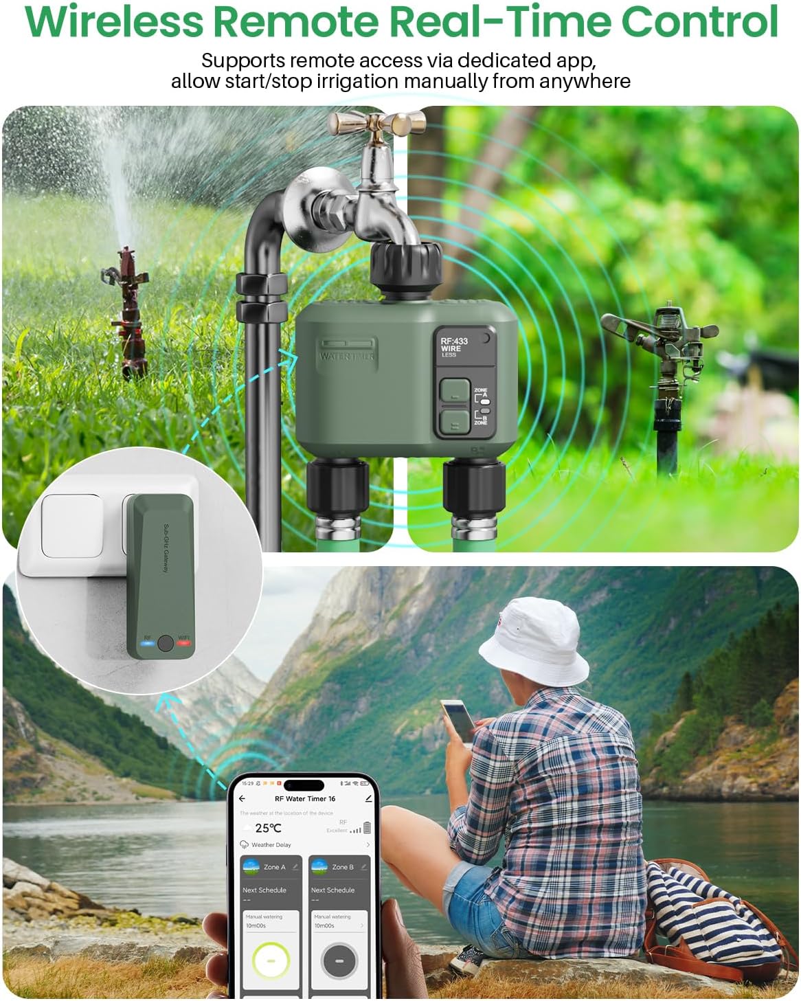 WiFi Water Timer - Smart Sprinkler Controller with 984ft RF Range | 2 Zones, APP/Voice Control, Rain Delay